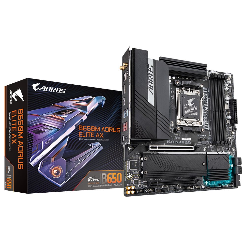 Материнская плата Gigabyte B650M AORUS ELITE AX, Socket AM5, AMD B650, 4xDDR5-5200, HDMI+DP, 2xPCI-Ex16, 4xSATA3(RAID 0/1/10), 2xM.2, 8 Ch Audio, 2.5GLan, WiFi, (4+4)xUSB2.0, (7+2)xUSB3.2, (1+1)xUSB3.