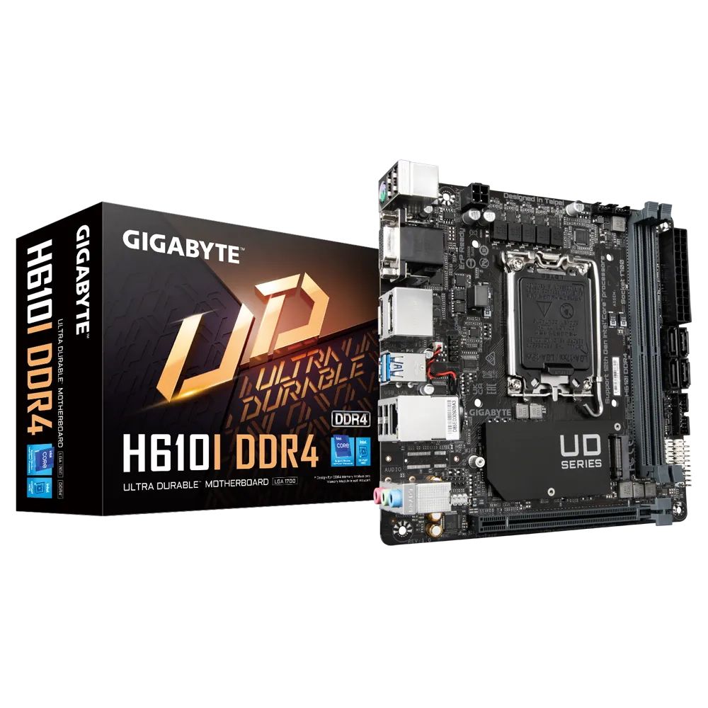 Материнская плата Gigabyte H610I DDR4, Socket 1700, Intel®Р610, 2xDDR4-3200, D-Sub+HDMI+DP+DP, 1xPCI-Ex16, 4xSATA3, 1xM.2, 8Ch Audio, 1xGLan, (4+4)xUSB2.0, (2+2)xUSB3.2, 1xPS/2, Mini-ITX, RTL {10} (83
