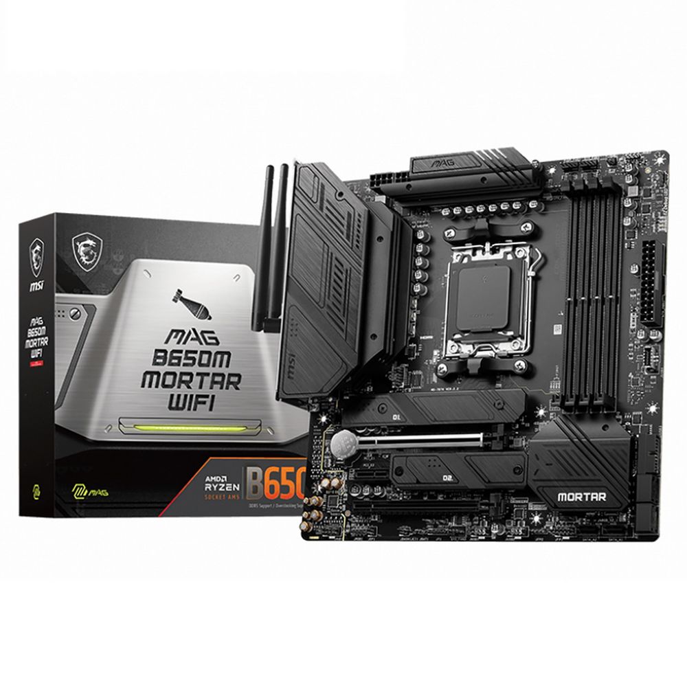 Материнская плата MSI MAG B650M MORTAR WIFI B650, AM5, 4*DDR5, 2*PCIEx16, 1*PCIEx1, 2*M.2, 2*TypeC, 3*USB3.2Gen2, 6*USB3.2Gen1, 4*USB2.0, 6*SATA3.0, 2.5G, DP, HDMI, M-ATX, RTL