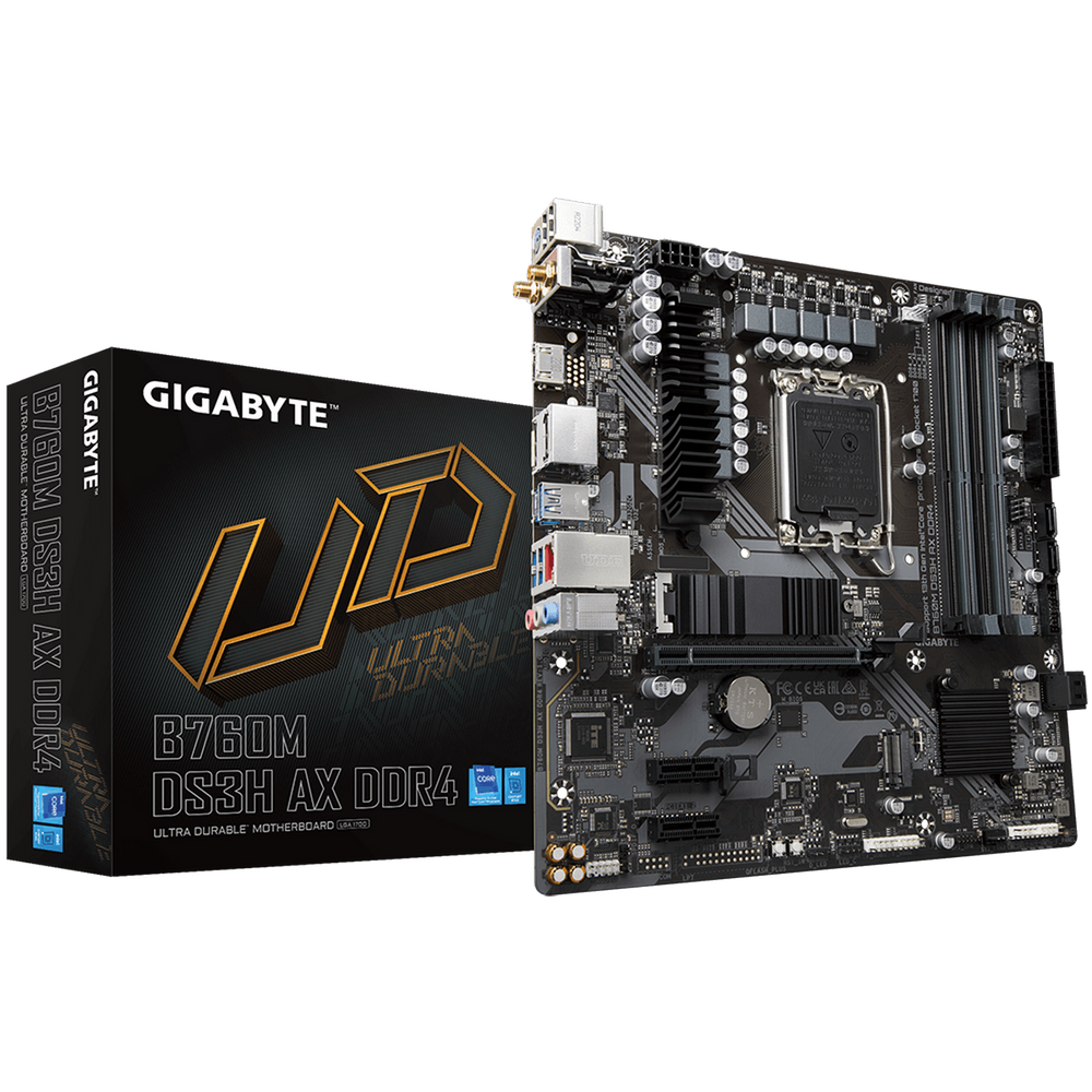 Материнская плата Gigabyte B760M DS3H AX DDR4, Socket 1700, Intel®B760, 4xDDR4-3200, HDMI+DP+DP, 1xPCI-Ex16, 2xPCI-Ex1, 4xSATA3(RAID 0/1/5/10), 2xM.2, 8Ch Audio, GLan, WiFi, (2+4)xUSB2.0, (3+2)xUSB3.2