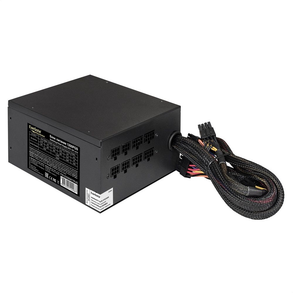 Блок питания 1200W ExeGate Gaming Standard 1200PGS (ATX, APFC, КПД 82% (80 PLUS), 14cm fan, 24pin, 2x(4+4)pin, 6xPCI-E, 8xSATA, 4xIDE, Cable Management, black, RTL) (EX285977RUS)