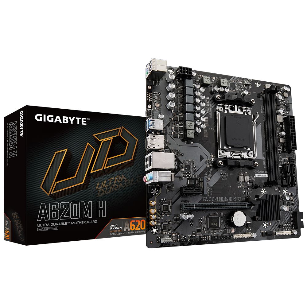 Материнская плата Gigabyte A620M H, Socket AM5, AMD A620, 2xDDR5-5200, HDMI+DP, 1xPCI-Ex16, 1xPCI-Ex1, 4xSATA3(RAID 0/1/10), 1xM.2, 8 Ch Audio, GLan, (4+4)xUSB2.0, (2+2)xUSB3.2, 1xPS/2, mATX, RTL {10}