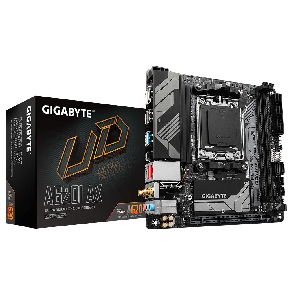 Материнская плата Gigabyte A620I AX, Socket AM5, AMD A620, 2xDDR5-5200, HDMI+DP, 1xPCI-Ex16, 2xSATA3(RAID 0,1), 1xM.2, 8 Ch Audio, 2.5GbLan, WiFi, (2+2)xUSB2.0, (3+2)xUSB3.2, (1+1)xUSB3.2 Type-C™, Min