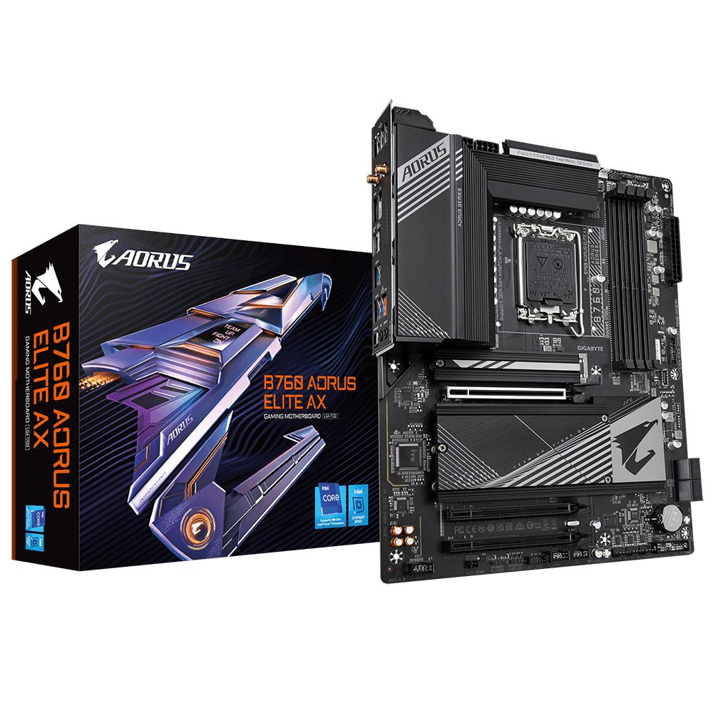 Материнская плата Gigabyte B760 AORUS ELITE AX, Socket 1700, Intel®B760, 4xDDR5-4800, HDMI+DP, 3xPCI-Ex16, 4xSATA3(RAID 0/1/5/10), 3xM.2, 8Ch Audio, 2.5GbLan, WiFi, (4+4)xUSB2.0, (5+2)xUSB3.2, (1+1)xU