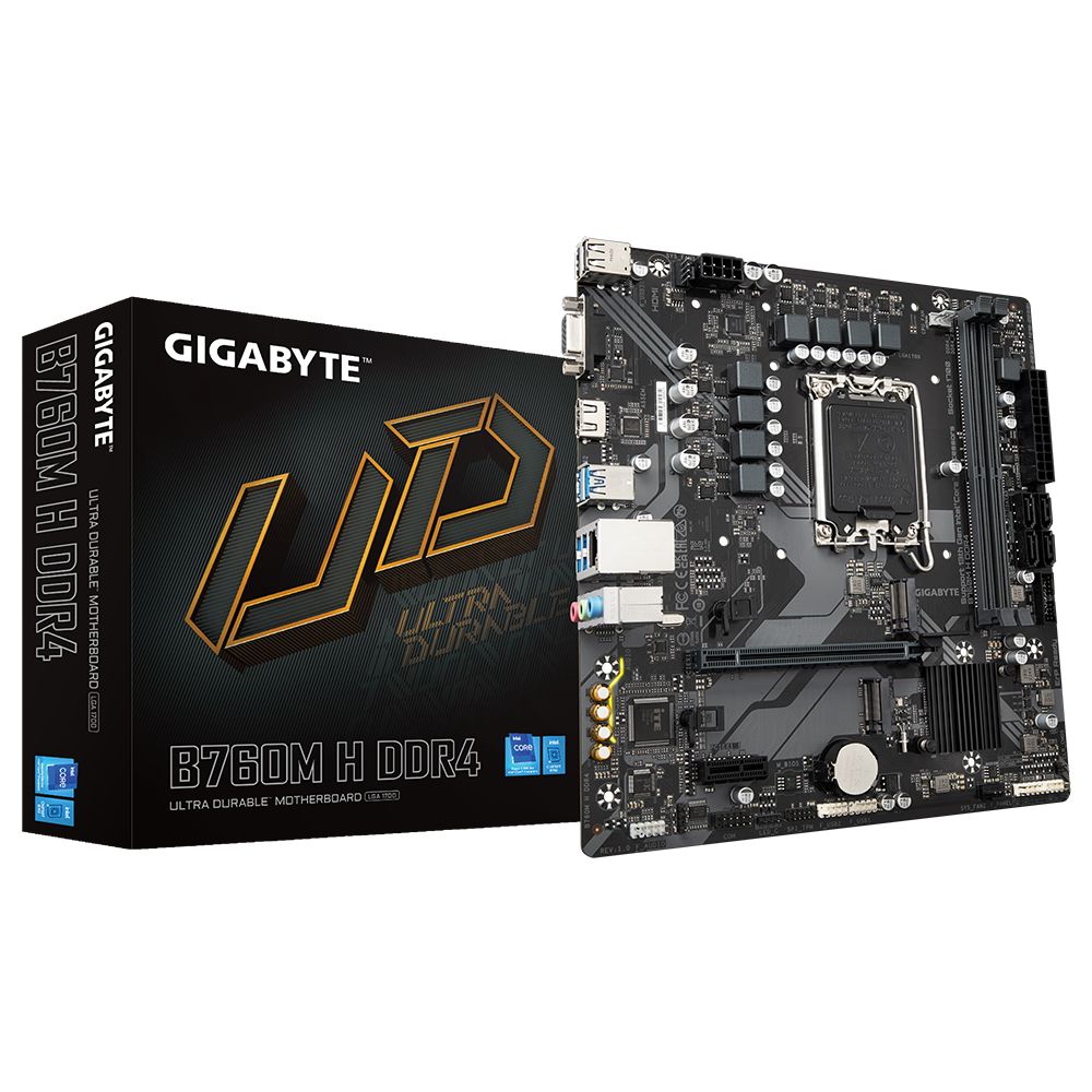 Материнская плата Gigabyte B760M H DDR4, Socket 1700, Intel®B760, 2xDDR4-3200, D-SUB+HDMI, 1xPCI-Ex16, 1xPCI-Ex1, 4xSATA3(RAID 0/1/5/10), 2xM.2, 8Ch Audio, 2,5GbLan, (2+4)xUSB2.0, (4+2)xUSB3.2, mATX,