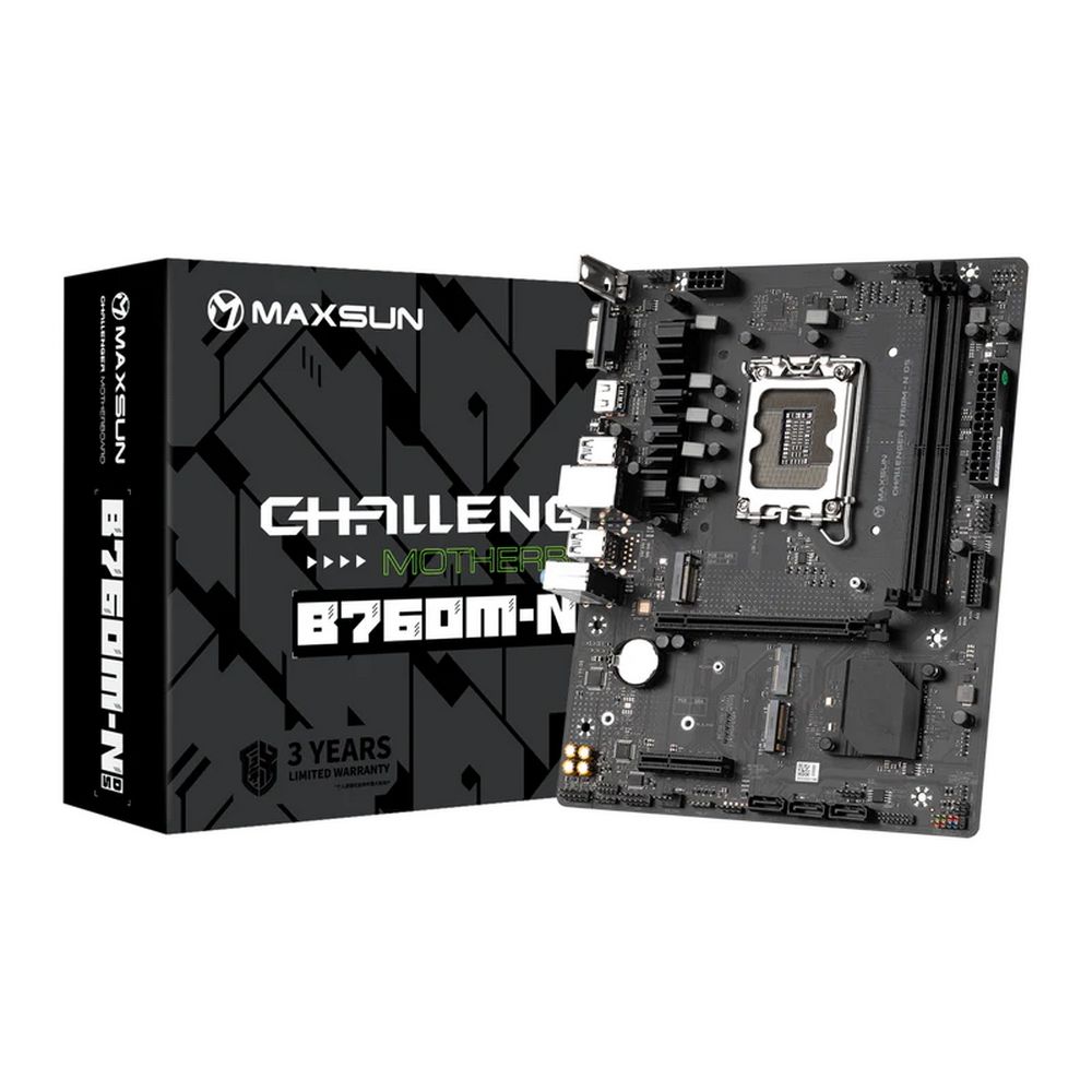 Материнская плата Maxsun MS-Challenger B760M-N D5 B760, LGA1700, 2*DDR5, 1*PCIEx16, 1*PCIEx4, 2*M.2, 6*USB3.2Gen1, 6*USB2.0, 3*SATA3.0, 1G, VGA, HDMI, M-ATX, RTL (6940709692387)