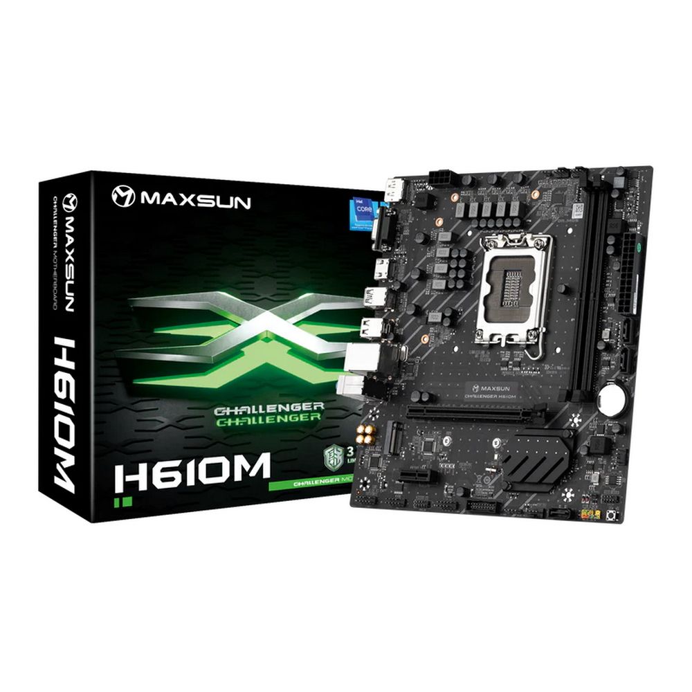 Материнская плата Maxsun MS-Challenger H610M H610, LGA1700, 2*DDR4, 1*PCIEx16, 1*PCIEx1, 1*M.2, 4*USB3.2Gen1, 6*USB2.0, 3*SATA3.0, 1G, VGA, DP, HDMI, M-ATX, RTL (6940709698518)