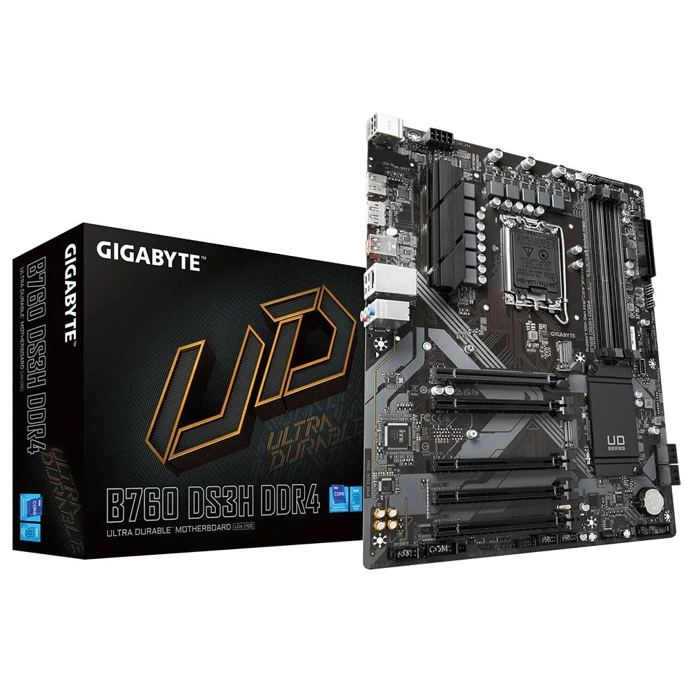 Материнская плата Gigabyte B760 DS3H DDR4, Socket 1700, Intel®B760, 4xDDR4-3200, HDMI+DP, 5xPCI-Ex16, 4xSATA3(RAID 0/1/5/10), 2xM.2, 8Ch Audio, GLan, (4+4)xUSB2.0, (1+2)xUSB3.2, (1+1)xUSB3.2 Type-C™,