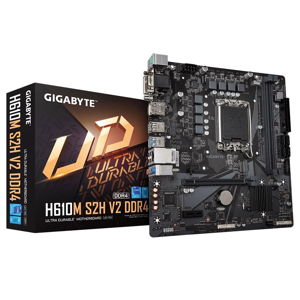 Материнская плата Gigabyte H610M S2H V2 DDR4, Socket 1700, Intel®H610, 2xDDR4-3200, D-SUB+DVI-D+HDMI+DP, 1xPCI-Ex16, 1xPCI-Ex1, 4xSATA3, 1xM.2, 8Ch Audio, GLan, (4+4)xUSB2.0, (2+2)xUSB3.2, 2xPS/2, mAT