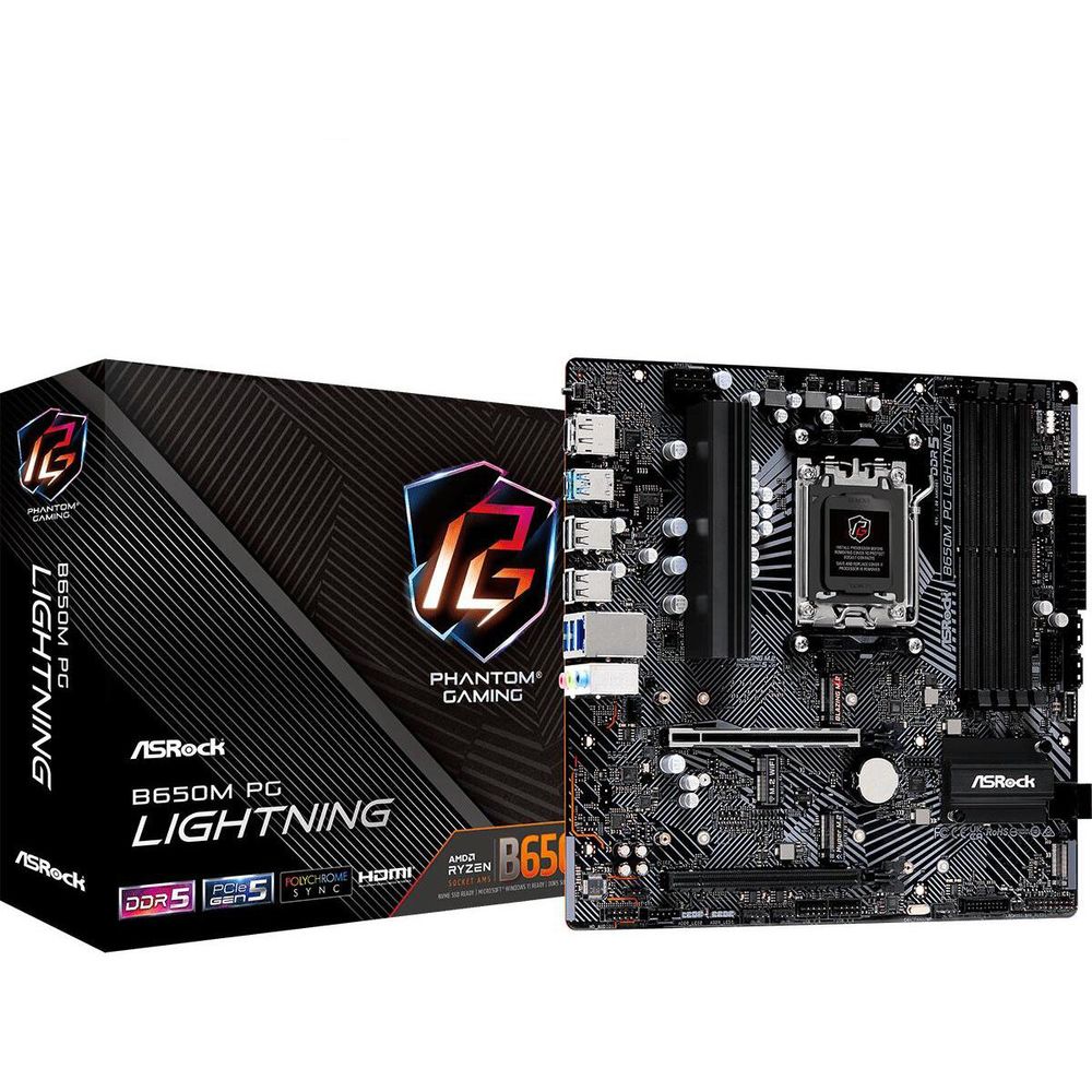 Материнская плата ASRock B650M PG LIGHNING, Socket AM5, AMD B650, 4xDDR5-5200, HDMI+DP, 2xPCI-Ex16, 4xSATA3(RAID 0/1/10), 3xM.2, 8 Ch Audio, 1x2.5GLan, (4+4)xUSB2.0, (3+4)xUSB3.2, (B650M PG LIGHTNING)