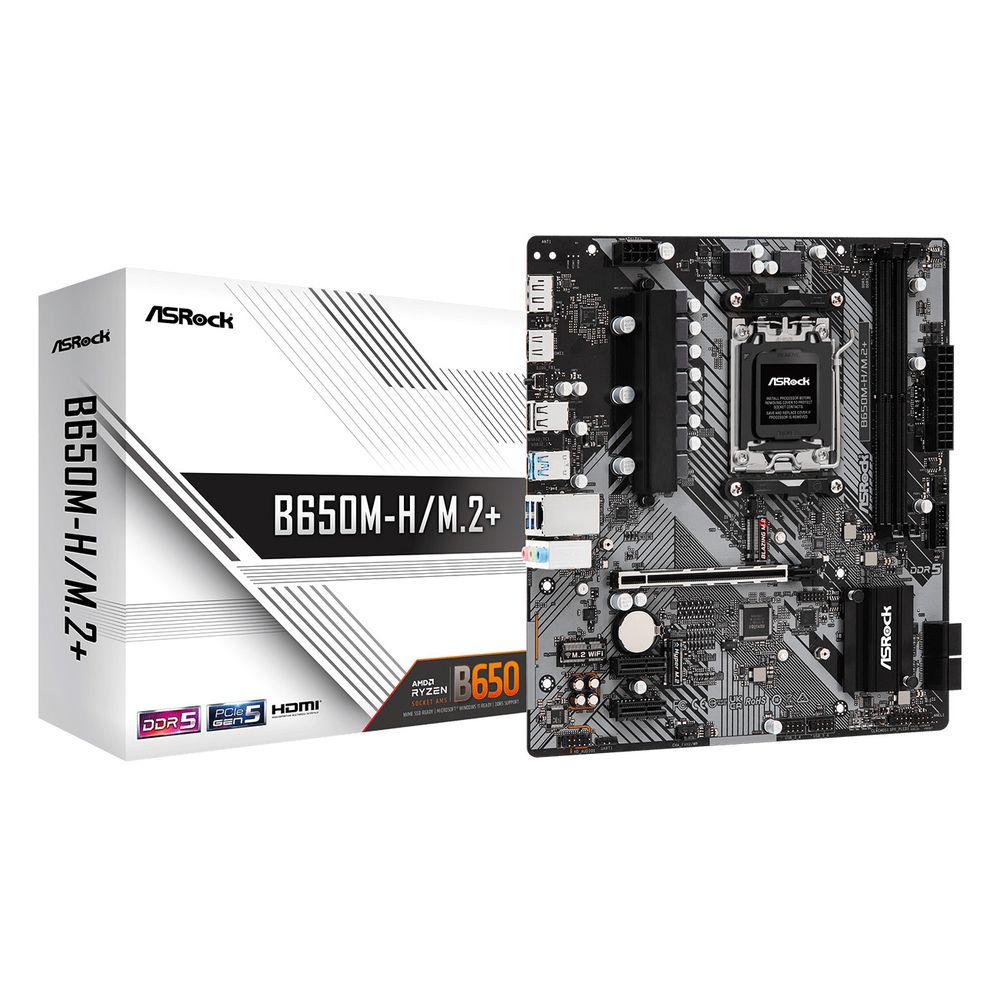 Материнская плата ASRock B650M-H/M.2+, Socket AM5, AMD B650, 2xDDR5-5200, HDMI+DP, 1xPCI-Ex16, 2xPCI-Ex1, 4xSATA3(RAID 0/1/10), 2xM.2, 8 Ch Audio, 1x2.5GLan, (2+4)xUSB2.0, (3+2)xUSB3.2, (1+0)xUSB3.2 T