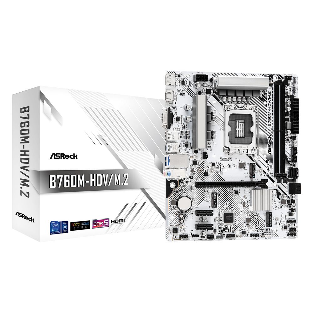 Материнская плата ASRock B760M-HDV/M.2, Socket 1700, Intel®B760, 2xDDR5-4800, D-SUB+HDMI+DP, 1xPCI-Ex16, 2xPCI-Ex1, 4xSATA3(RAID 0/1/5/10), 2xM.2, 8 Ch Audio, 1x2.5GLan, (2+4)xUSB2.0, (3+2)xUSB3.2, (1