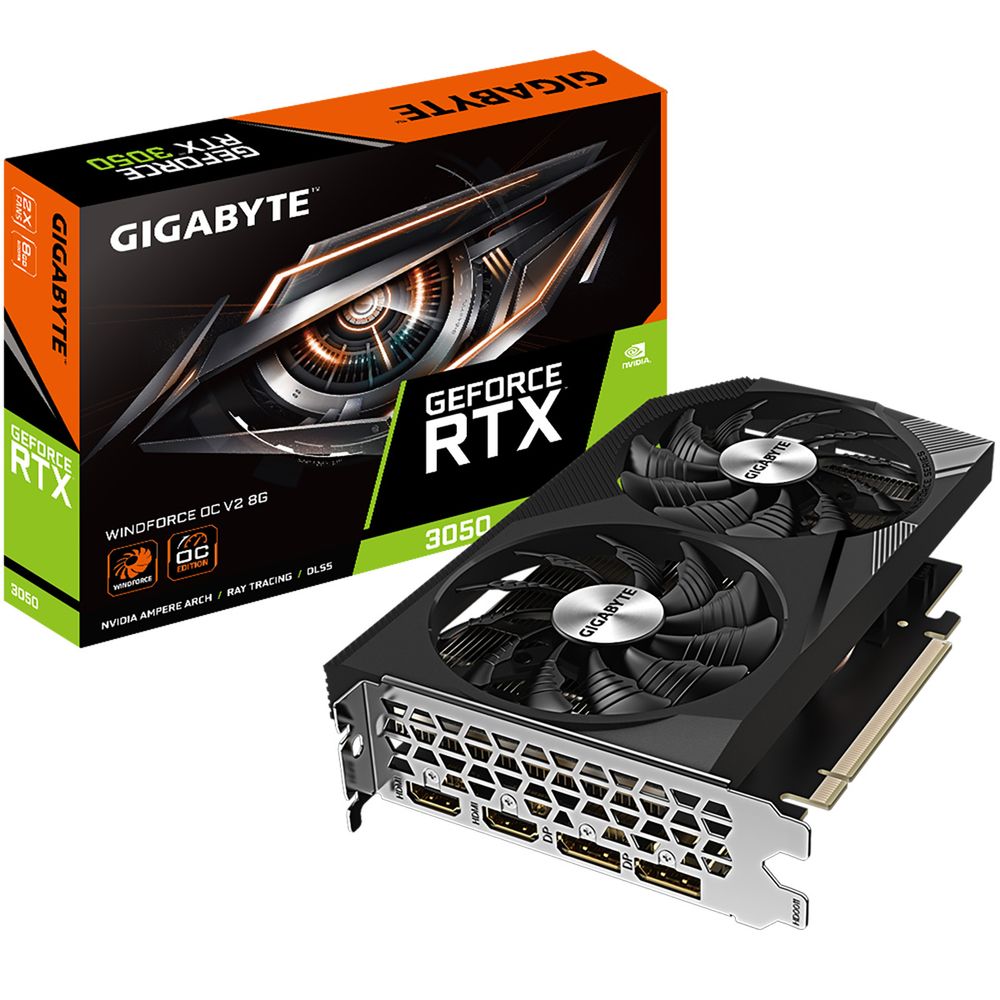 Видеокарта Gigabyte RTX3050 WINDFORCE OC V2 8GB GDDR6 128bit 2xDP 2xHDMI 2FAN RTL (GV-N3050WF2OCV2-8GD)