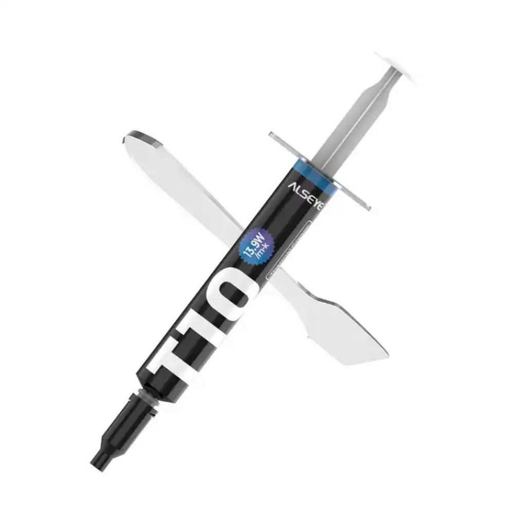 Термопаста ALSEYE T10 Thermal conductivity: 13.9W/m-k Color: Gray Conductivity: non-conductive specific gravity: 2.7g / cm³@25℃ Capacity: 1.2ml Weight: 2G (AS.19.0113)