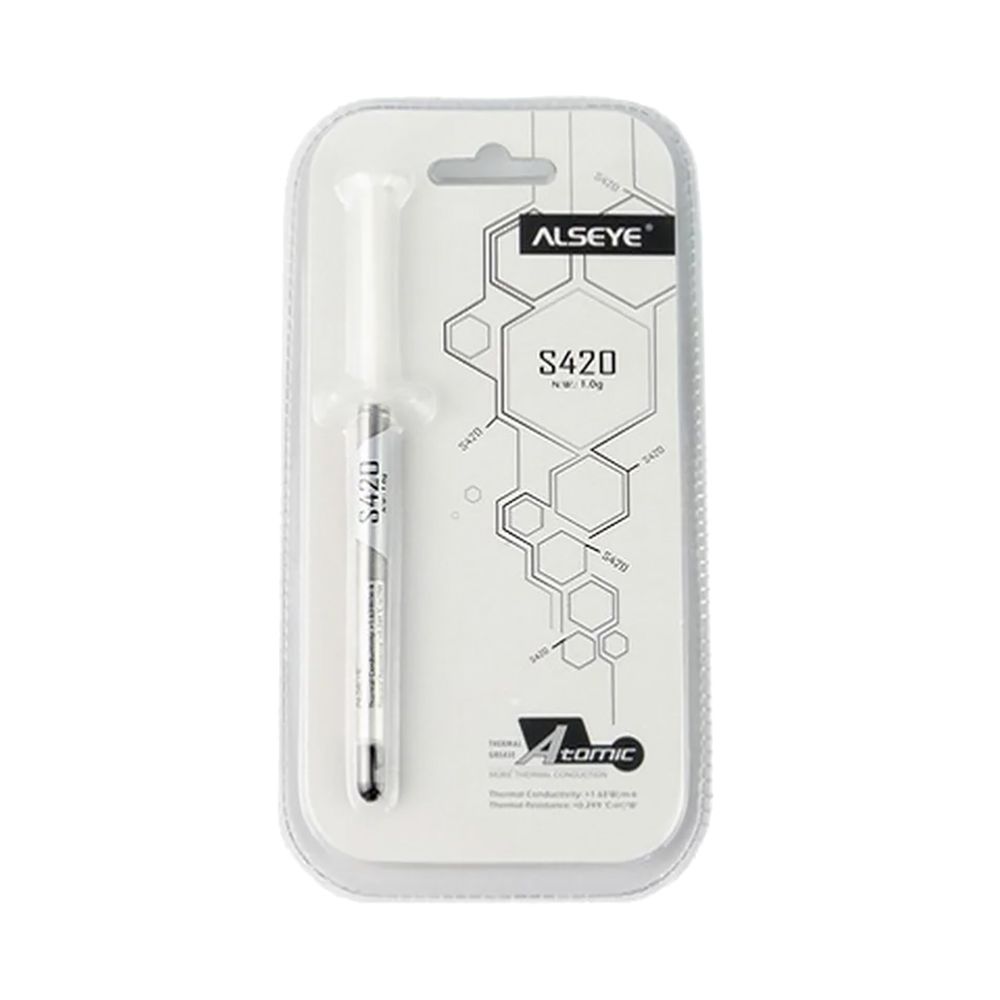 Термопаста ALSEYE S420 Color: Grey Thermal Conductivity: ＞1.36 Thermal Impedance: <0.229Specific Gravity:>2 Viscosity: 1000 Thixotropic Index: 350±10 MomentBeared Temperature： -50-340℃ Op (AS.19.0079)