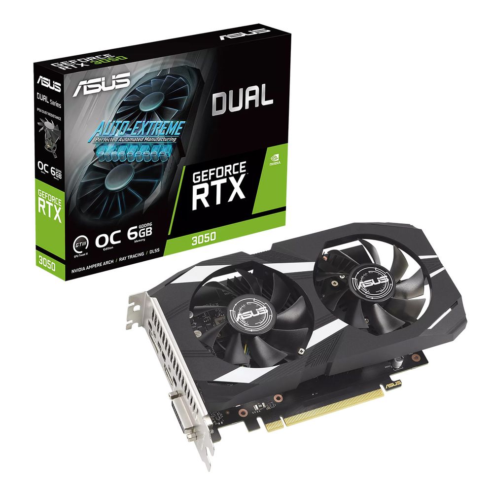 Видеокарта ASUS RTX3050 DUAL OC 6GB GDDR6 96bit DVI DP HDMI 2FAN [DUAL-RTX3050-O6G] (90YV0K60-M0NA00)