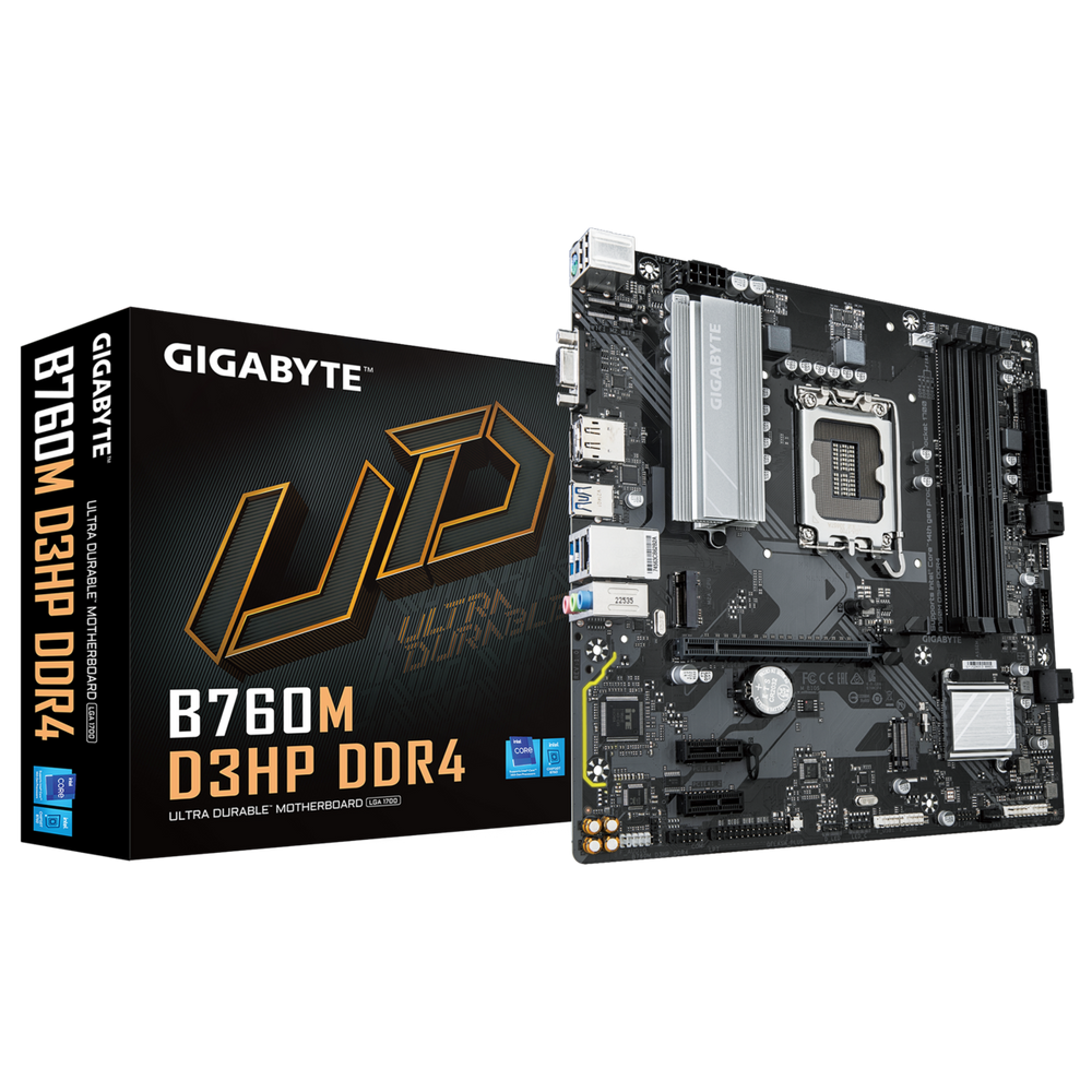 Материнская плата Gigabyte B760M D3HP DDR4, RTL Socket 1700, Intel®B760, 4xDDR4-3200, D-SUB+HDMI+DP, 1xPCI-Ex16, 2xPCI-Ex1, 4xSATA3(RAID 0/1/5/10), 2xM.2, 8Ch Audio, GLan, (2+4)xUSB2.0, (3+2)xUSB3.2,