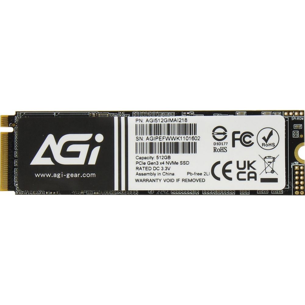 Твердотельный накопитель SSD AGI M.2 2280 512GB  AI218 Client SSD  PCIe Gen3x4 with NVMe, 3080/2200, IOPS 183/306K, MTBF 1.6M, 3D NAND TLC, 1024MB, 200TBW, 0,36DWPD, Bulk (AGI512GIMAI218-BK)