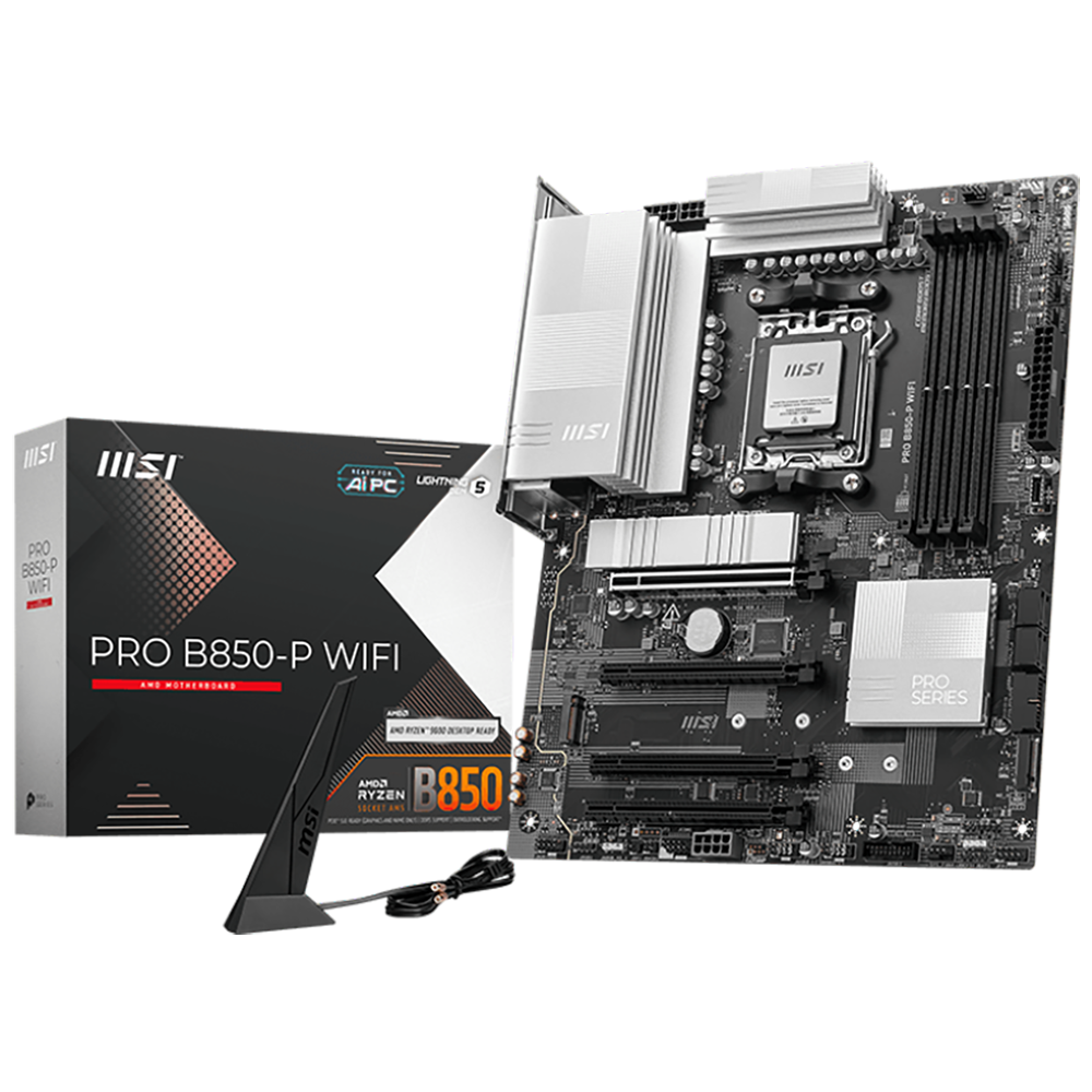 Материнская плата MSI PRO B850-P WIFI B850, AM5, 4*DDR5, 4*PCIEx16, 3*M.2, 3*TypeC, 1*USB3.2Gen2, 5*USB3.2Gen1, 8*USB2.0, 4*SATA3.0, 5G, HDMI, ATX, RTL
