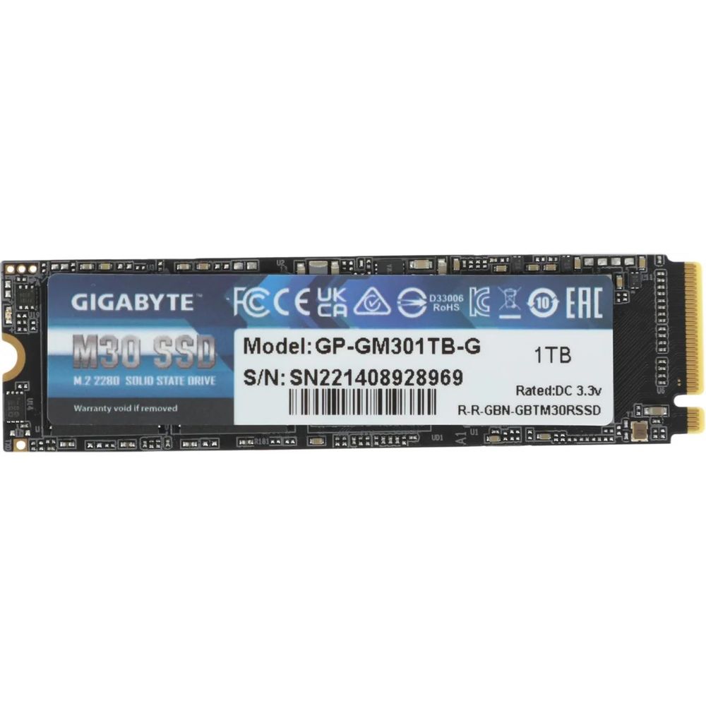Твердотельный накопитель SSD Gigabyte OEM 2 2280 1TB M30 Client SSD GP-GM301TB-G PCIe Gen3x4 with NVMe,3500/3000, IOPS 308/332K, MTBF 2M, 3D TLC, 2048MB, 650TBW, 0,36DWPD, RTL (822 (GP-GM301TB-G||oem)