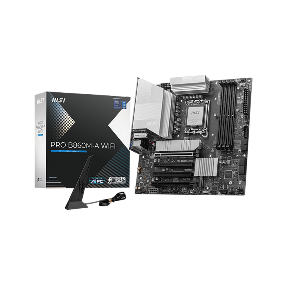 Материнская плата MSI PRO B860M-A WIFI B860, LGA1851, 4*DDR5, 4*PCIEx16, 3*M.2, 2*TypeC, 1*USB3.2Gen2, 6*USB3.2Gen1, 6*USB2.0, 4*SATA3.0, 5G, Type-C(DP), DP, HDMI, M-ATX, RTL