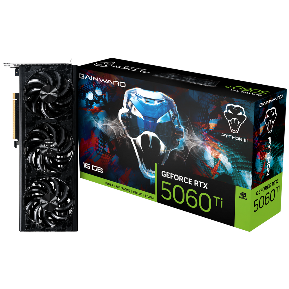 Видеокарта Gainward RTX5060Ti PYTHON III 16GB GDDR7 128bit 3xDP HDMI 3FAN RTL (NE7506T019T1-GB2061T)