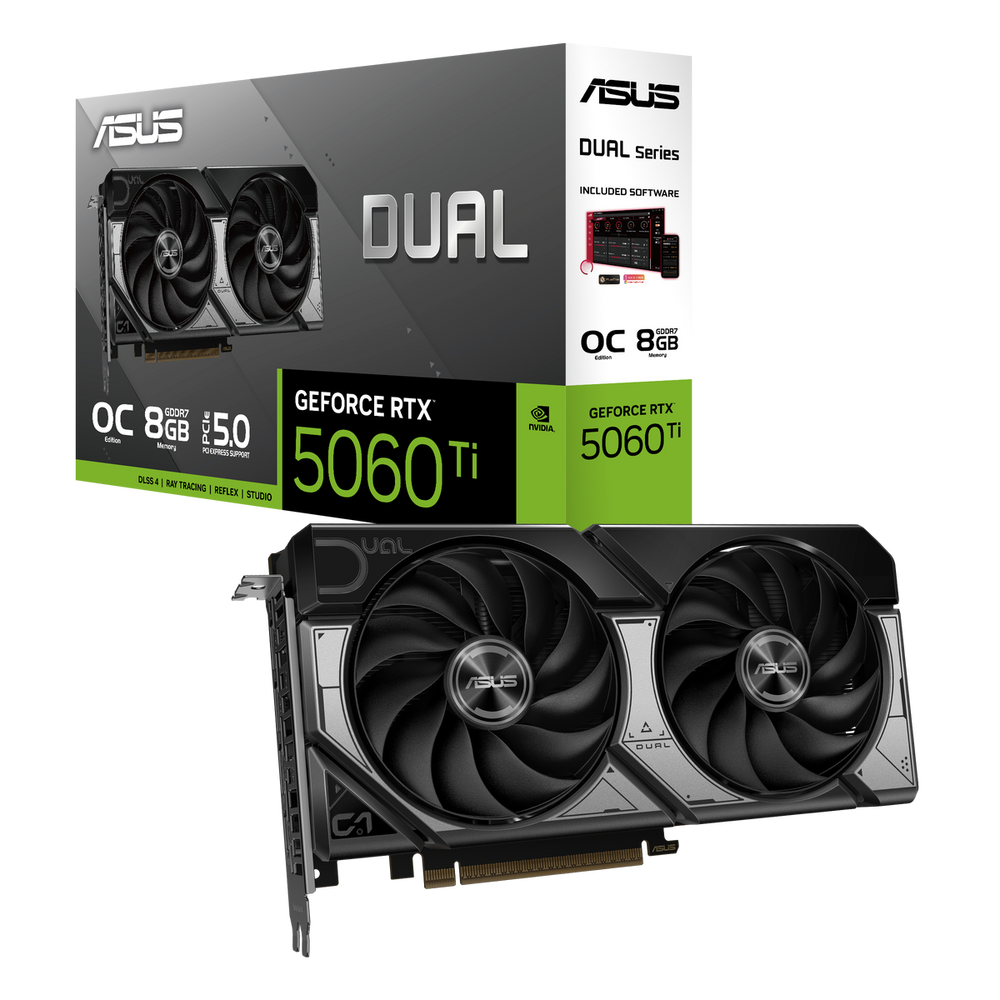 Видеокарта ASUS RTX5060Ti DUAL OC 8GB GDDR7 128bit 3xDP HDMI 2FAN RTL [DUAL-RTX5060TI-O8G] (90YV0MP2-M0NA00)