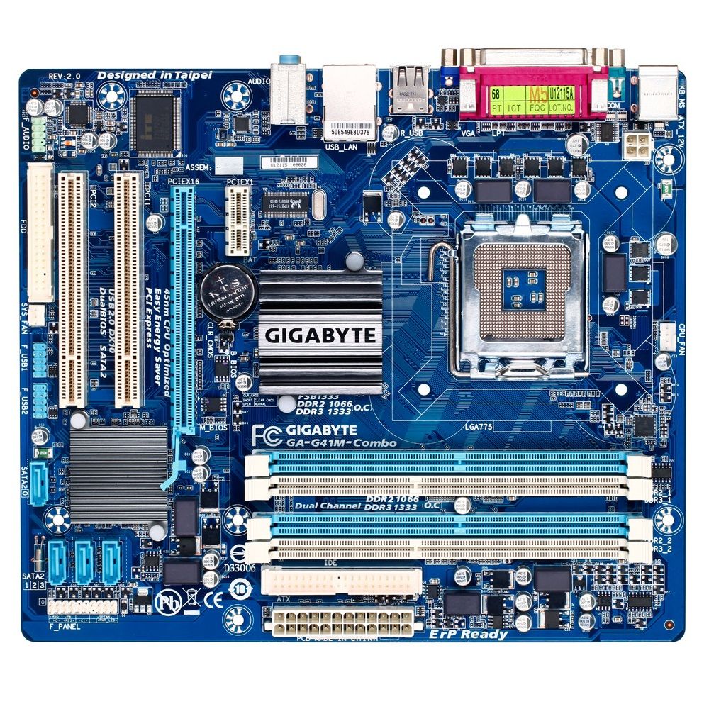 Материнская плата Gigabyte GA-G41M-COMBO-GQ, Socket 775, Intel®G41+ICH7, 2xDDR3-1066+2xDDR2-1066, D-SUB, 1xPCI-Ex16, 1xPCI-Ex1, 2xPCI, 4xSATA2, 1xIDE, 6 Ch Audio, GLan, (4+4)xUSB2.0, COM, LPT, 2xPS/2,