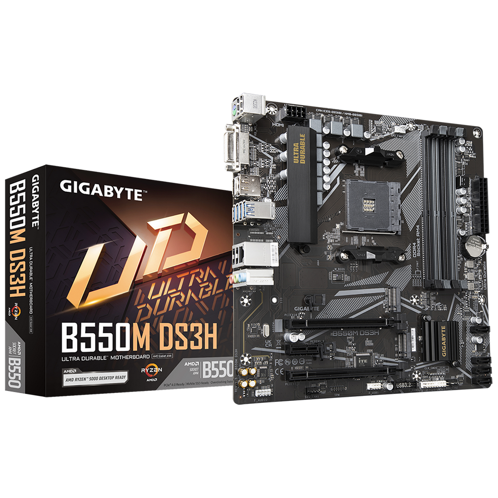Материнская плата Gigabyte B550M DS3H, Socket AM4, AMD B550, 4xDDR4-3200, DVI-D+HDMI, 2xPCI-Ex16, 1xPCI-Ex1, 4xSATA3(RAID 0/1/10), 2xM.2, 8 Ch Audio, GLan, (4+2)xUSB2.0, (4+2)xUSB3.2, 1xPS/2, mATX, RT