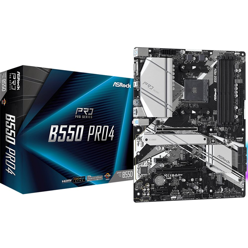 Материнская плата ASRock B550 PRO4, Socket AM4, AMD B550, 4xDDR4-3200, D-SUB+HDMI, 2xPCI-Ex16, 2xPCI-Ex1, 6xSATA3(RAID 0/1/10), 2xM.2, 8 Ch Audio, 1xGLan, (0+4)xUSB2.0, (5+2)xUSB3.2, (1+0)xUSB3.2 Type
