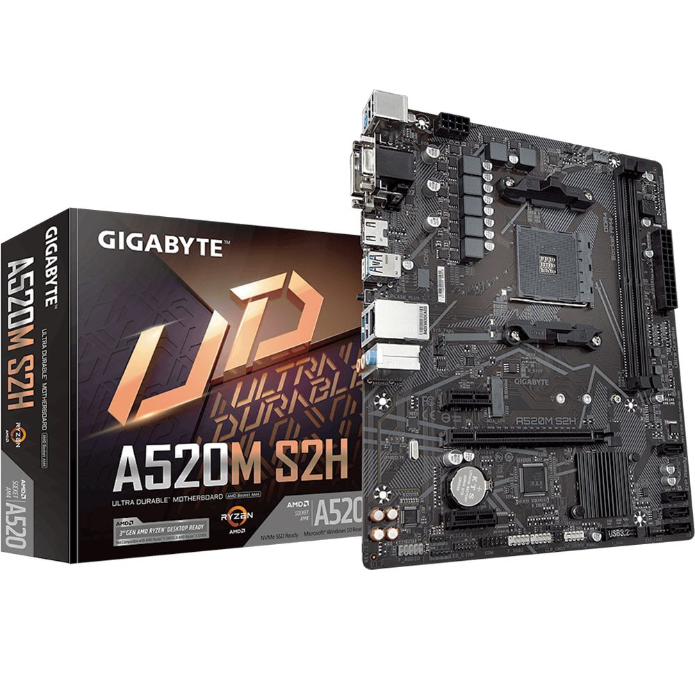 Материнская плата Gigabyte A520M S2H, Socket AM4, AMD A520, 2xDDR4-3200, D-SUB+DVI-D+HDMI, 1xPCI-Ex16, 2xPCI-Ex1, 4xSATA3(RAID 0/1/10), 1xM.2, 8 Ch Audio, GLan, (2+4)xUSB2.0, (4+2)xUSB3.2, 1xPS/2, mAT