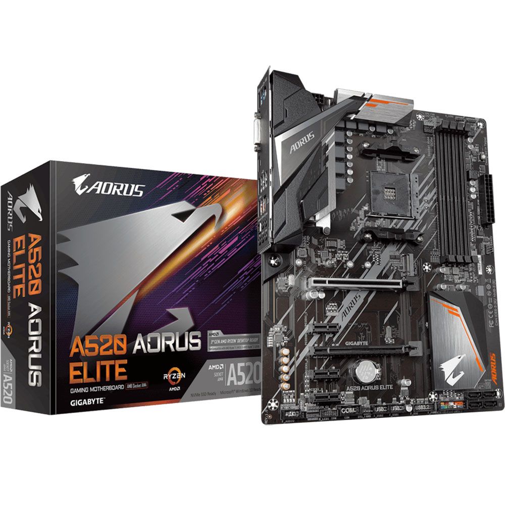 Материнская плата Gigabyte A520 AORUS ELITE, Socket AM4, AMD A520, 4xDDR4-3200, DVI-D+HDMI, 2xPCI-Ex16, 3xPCI-Ex1, 4xSATA3(RAID 0/1/10), 1xM.2, 8 Ch Audio, GLan, (4+4)xUSB2.0, (4+2)xUSB3.2, 1xPS/2, AT