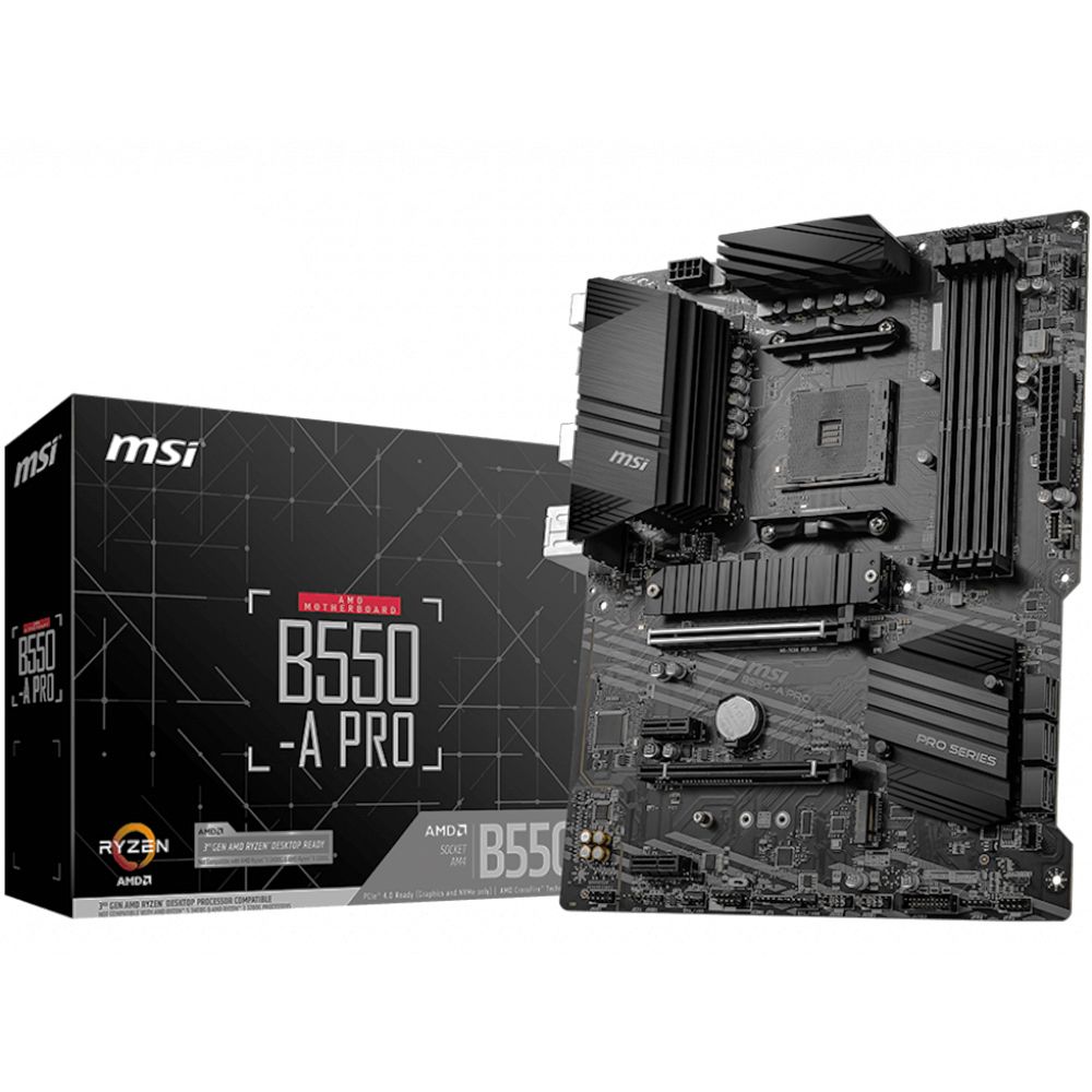 Материнская плата MSI B550-A PRO B550, AM4, 4*DDR4, 2*PCIEx16, 2*PCIEx1, 2*M.2, 2*TypeC, 1*USB3.2Gen2, 4*USB3.2Gen1, 8*USB2.0, 6*SATA3.0, 1G, DP, HDMI, ATX, RTL