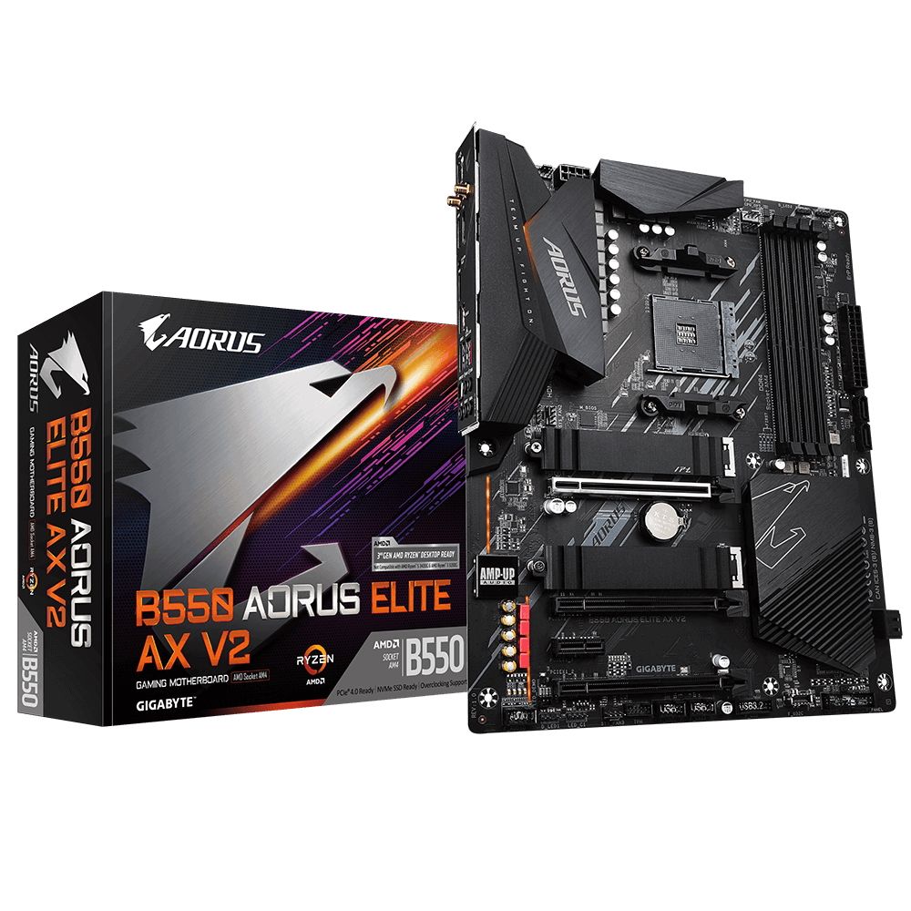 Материнская плата Gigabyte B550 AORUS ELITE AX V2, Socket AM4, AMD B550, 4xDDR4-3200, HDMI+DP, 3xPCI-Ex16, 1xPCI-Ex1, 4xSATA3(RAID 0/1/10), 2xM.2, 8 Ch Audio, 2.5GLan, WiFi, (2+4)xUSB2.0, (5+2)xUSB3.2