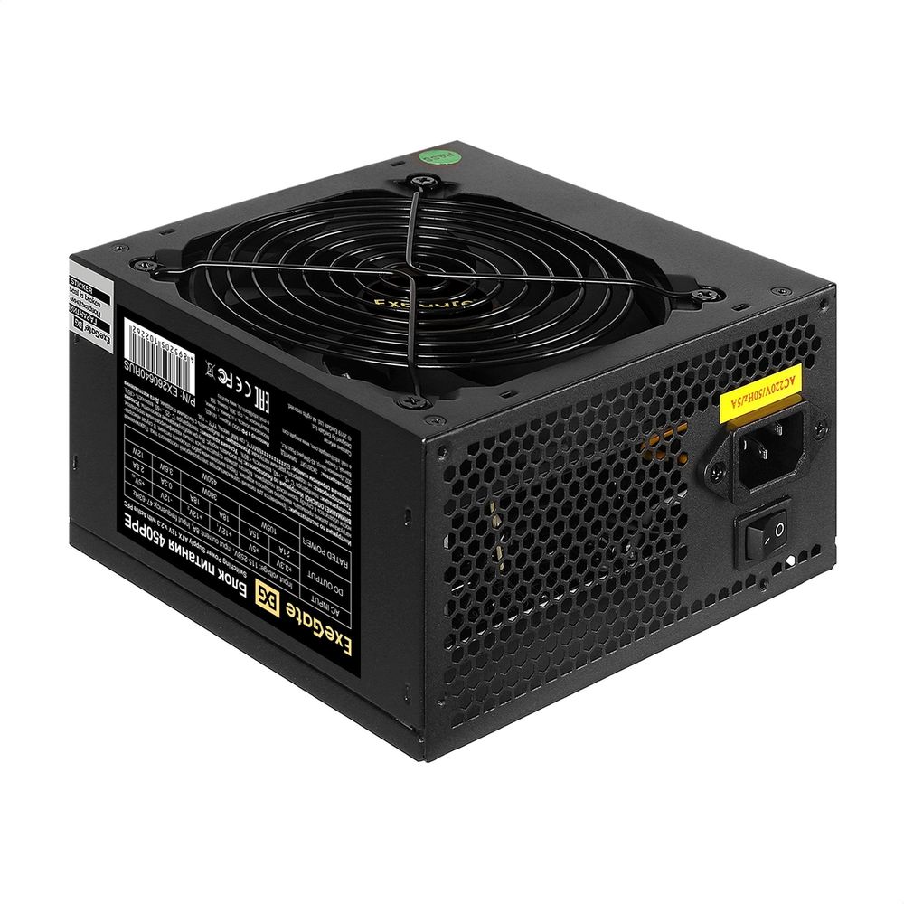 Блок питания Exegate БП 450W ExeGate 450PPE ATX, APFC, PC, 12cm fan, 24p, (4+4)p, PCIe, 5SATA, 3IDE, FDD, black OEM {10} (102262) (EX260640RUS-PC)