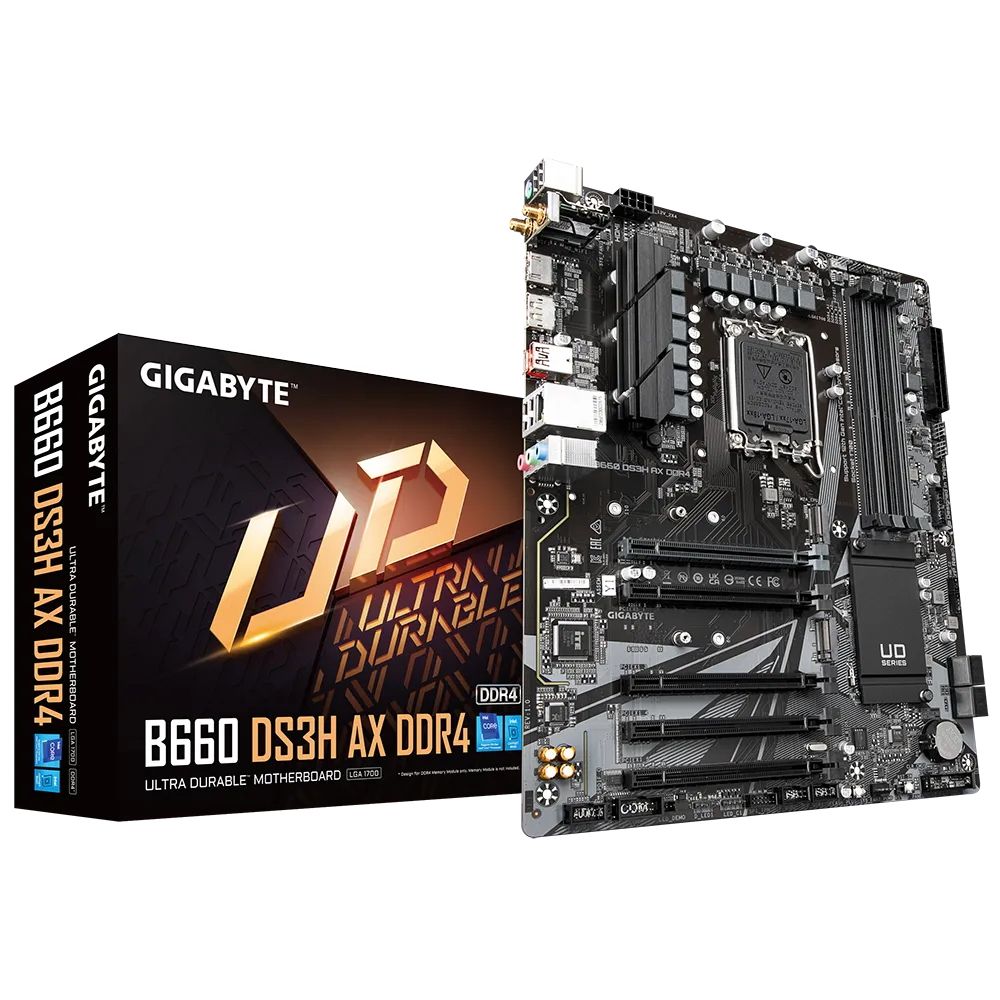 Материнская плата Gigabyte B660 DS3H AX DDR4, Socket 1700, Intel®B660, 4xDDR4-3200, HDMI+DP, 5xPCI-Ex16, 4xSATA3(RAID 0/1/5/10), 2xM.2, 8Ch Audio, GLan, WiFi, (4+4)xUSB2.0, (1+2)xUSB3.2, (1+1)xUSB3.2