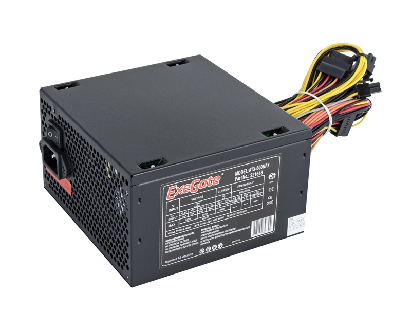 Блок питания Exegate EX221643 RUS-S 600 NPX, ATX, SC, black, 12cm fan, 24p+4p, 6/8p PCI-E, 3x SATA, 2x IDE, FDD + кабель 220 V с защитой от выдергивания