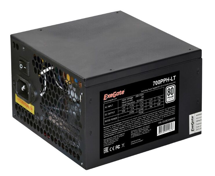 Блок питания Exegate EX282048 RUS 700 PPH-LT, RTL, 80+, ATX, black, APFC, 12cm, 24p, (4+4)p, 5x SATA, 3x IDE