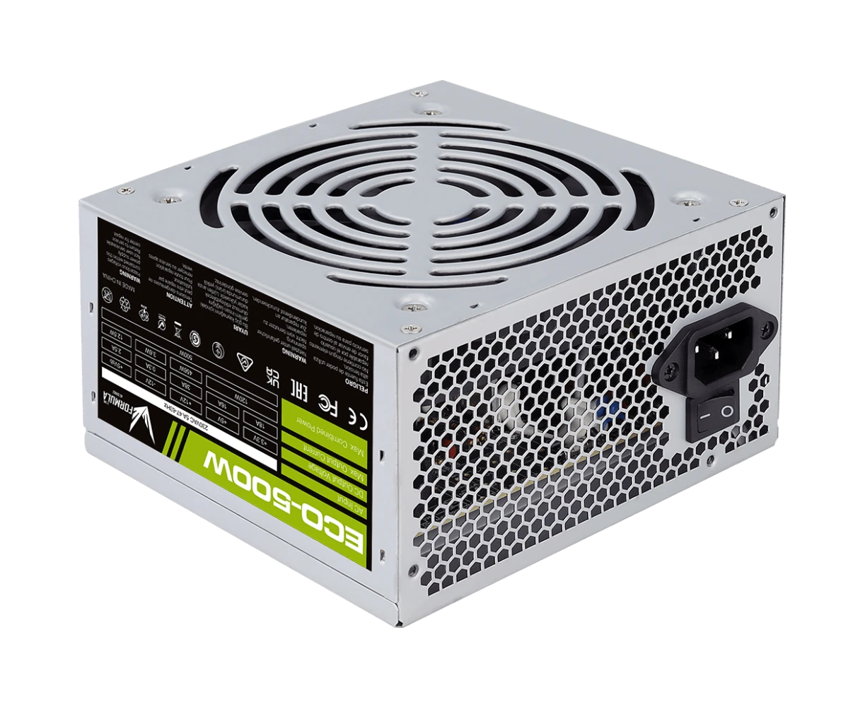Блок питания Formula Eco-500 W (ATX v2.3, 20+4 P, 4 P, 1x PC Ie 6 P, 2x SATA, 2x PATA, 1x FDD, 12cm fan)