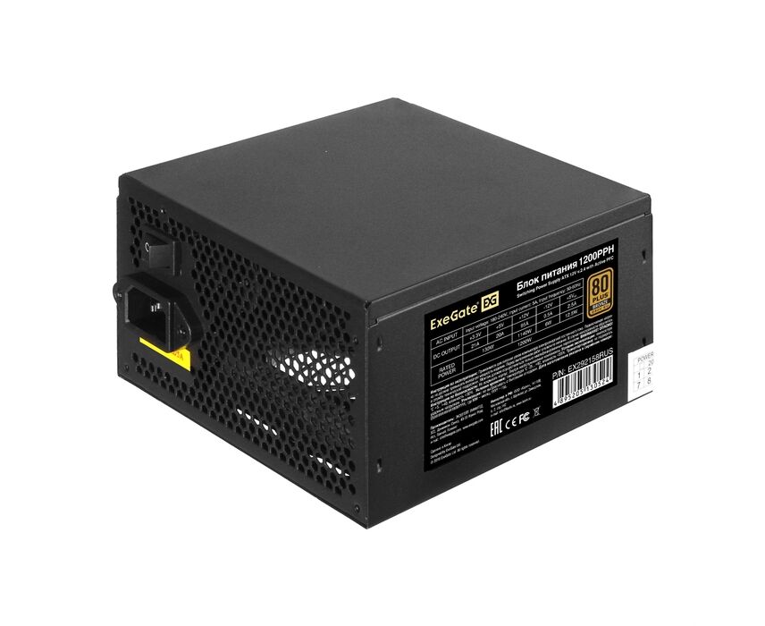 Блок питания Exe Gate 1200 PPH-OEM EX292158 RUS-OEM 80 PLUS® Bronze 1200 W (ATX, APFC, КПД 89% (80 PLUS Bronze), 12cm fan, 20+4pin, 2x2x(4+4)pin, 6x PCI-E