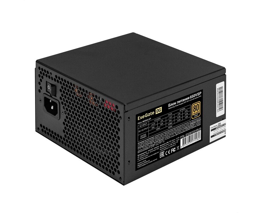 Блок питания Exegate 80 Plus Gold 650 VSP FC EX297231 RUS 650 W (ATX3.0, APFC, КПД 90проц. (80 Plus Gold), 120mm fan, 24pin, 2x(4+4)pin