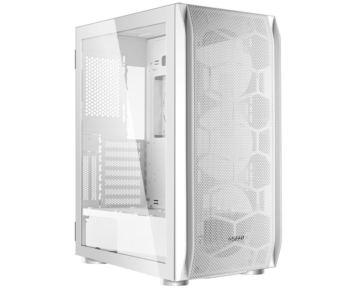 Корпус Ginzzu GL185 White боковая дверца закаленное стекло на петлях на магнитах