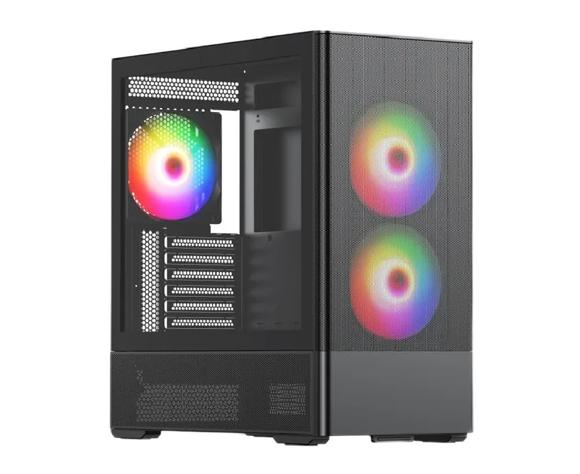 Корпус HSPD M712 (M712-TGBK-ARGB) без БП, Mesh Midi- Tower, Black, TG, 0.6 SPCC, 3x140mm ARGB, E-ATX, ATX, m ITX, 175/410/160mm, 2x2.5"