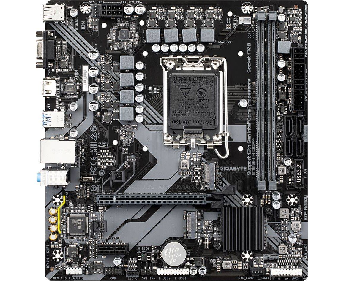 MB s1700 Gigabyte B760 M H DDR4, Intel B760, 2x DDR4-3200 МГц, 1x PCI-Ex16, 2x M.2, Micro-ATX