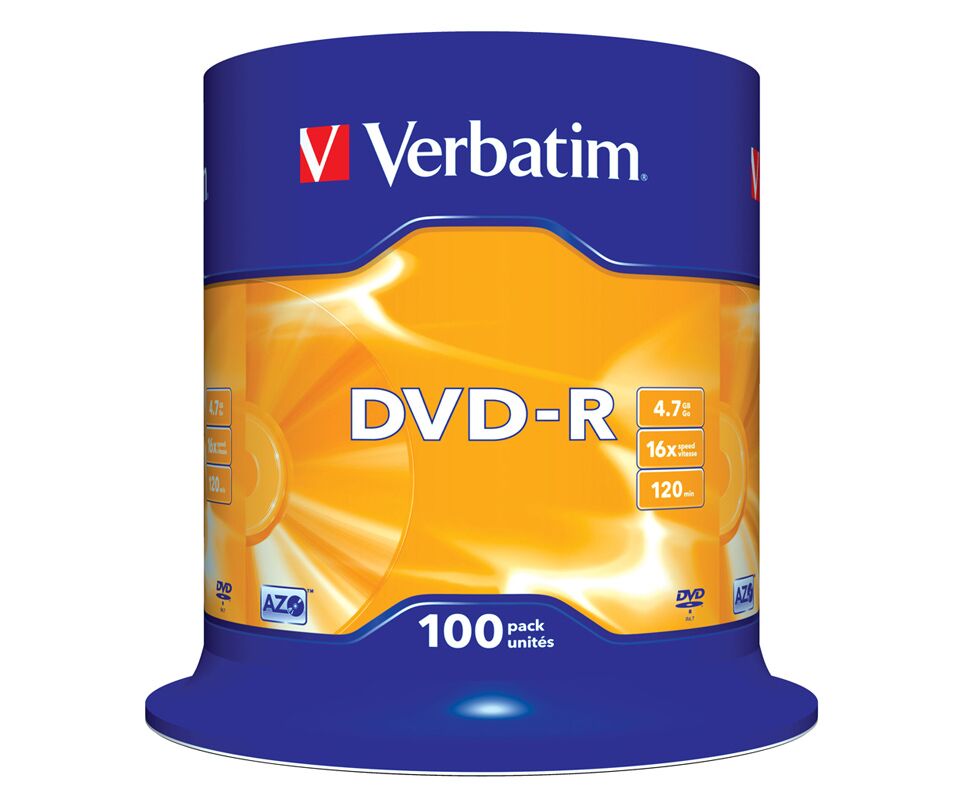 Диск DVD-R Verbatim 4.7 Gb 16x Cake Box (100шт) (43549)