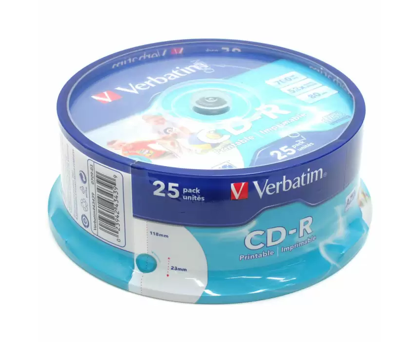 Диск CD-R Verbatim (43439) 700 Mb, 52x, Cake Box (25), DL+, Printable (25/200)