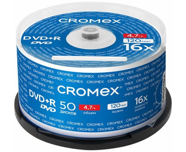 Диск DVD+R CROMEX 513775, 4,7 Gb, 16x, Cake Box (упаковка на шпиле) 50шт
