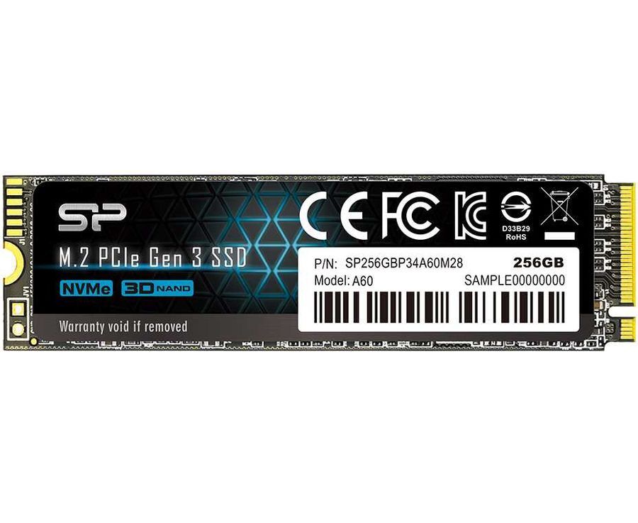 SSD M.2 256 GB PCI-E3.0x4 NV Me Silicon Power P34 A60, box (SP256 GBP34 A60 M28) (2280, 3 D TLC, SM2263 XT, R/W: up to 2000/1100 MB/s, MTBF: 2 млн. часов, 150 TBW)