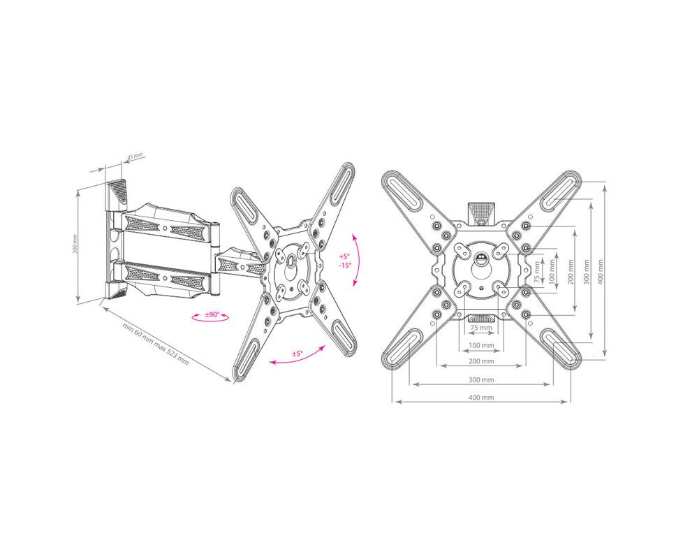 22"-65" Кронштейн Kromax ATLANTIS-40 Наклонно-поворотный серный макс.40кг Vesa 600x400