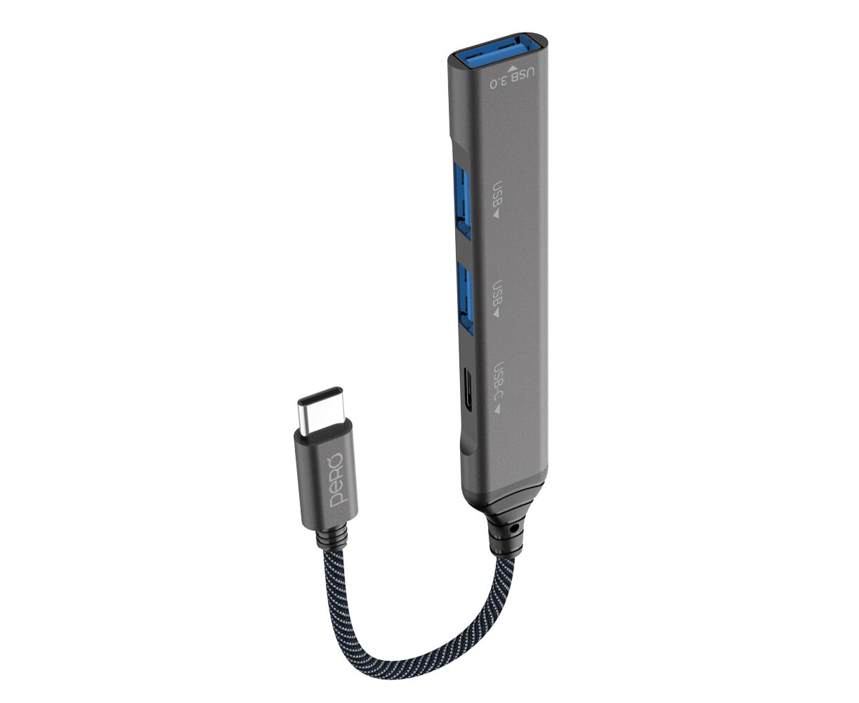Мульти Хаб PERO MH03, USB-С TO USB-C+USB 3.0+USB 2.0+USB 2.0, серый